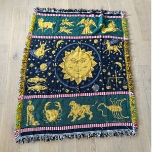 Vintage Crown Crafts Celestial Zodiac Sun Face Woven Tapestry Throw Blanket Boho